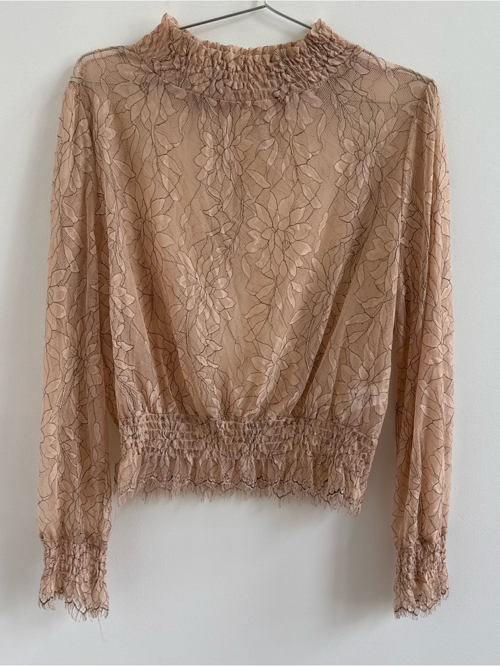 Sheer Floral Lace Smocked Neck Top - Blush